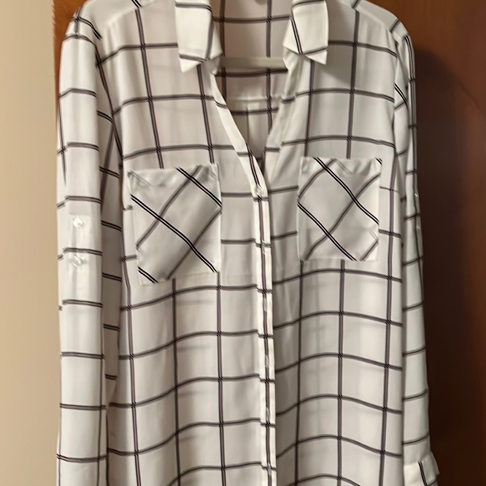 Express blouse. Cream with burgundy and navy lines